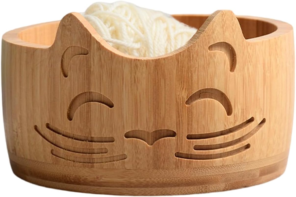 Cat-Shaped Bamboo Yarn Bowl – Cute Knitting & Crochet Yarn Holder with Slotted Yarn Guide, Handmade Craft Organizer