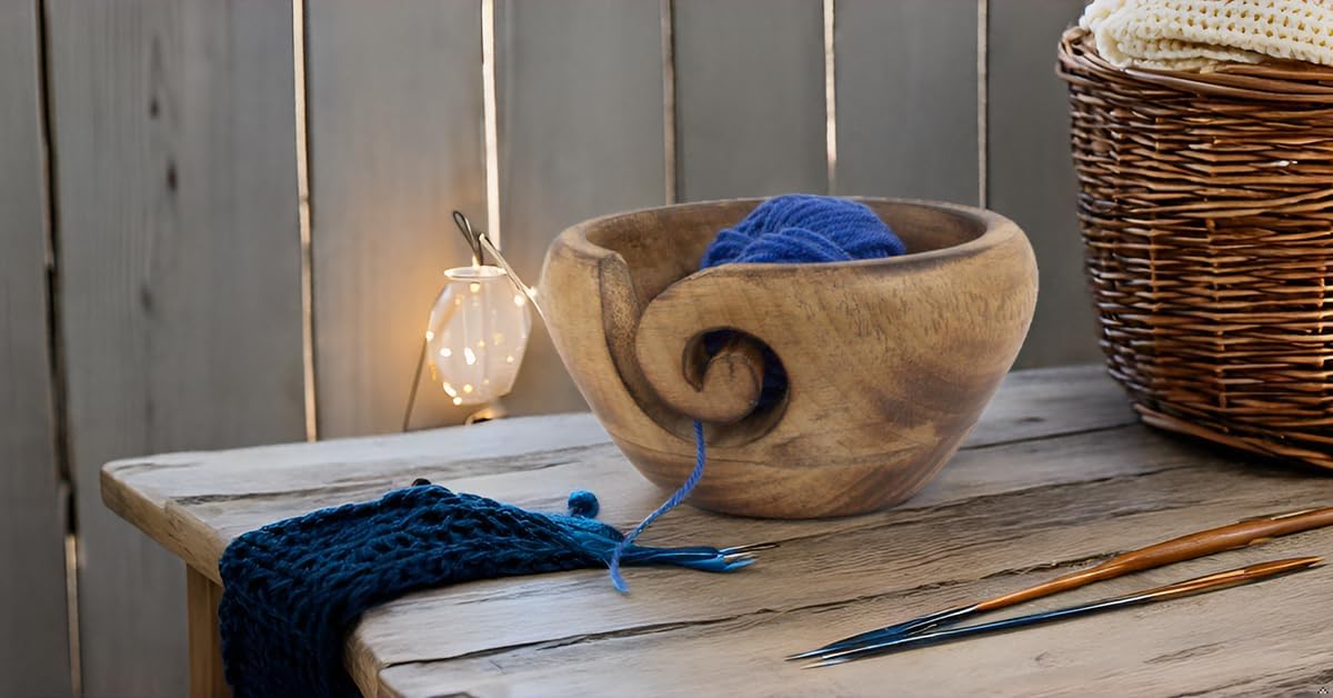 Hand-Carved Wooden Yarn Bowl – Knitting & Crochet Yarn Holder with Swirl Slot, Anti-Tangle Craft Organizer