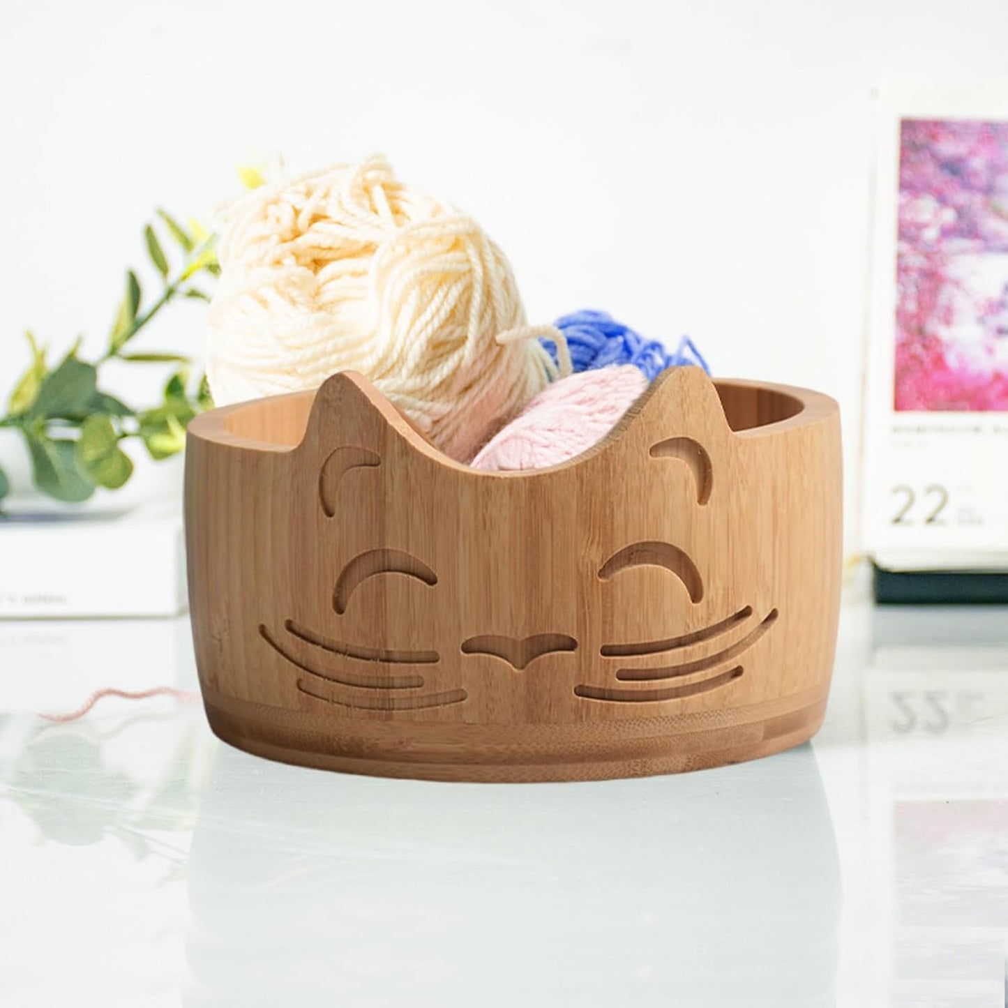 Cat-Shaped Bamboo Yarn Bowl – Cute Knitting & Crochet Yarn Holder with Slotted Yarn Guide, Handmade Craft Organizer