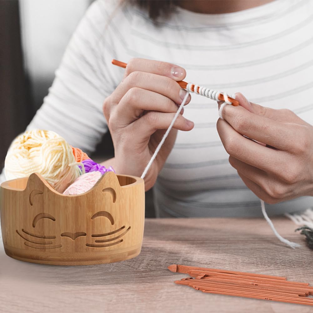Cat-Shaped Bamboo Yarn Bowl – Cute Knitting & Crochet Yarn Holder with Slotted Yarn Guide, Handmade Craft Organizer