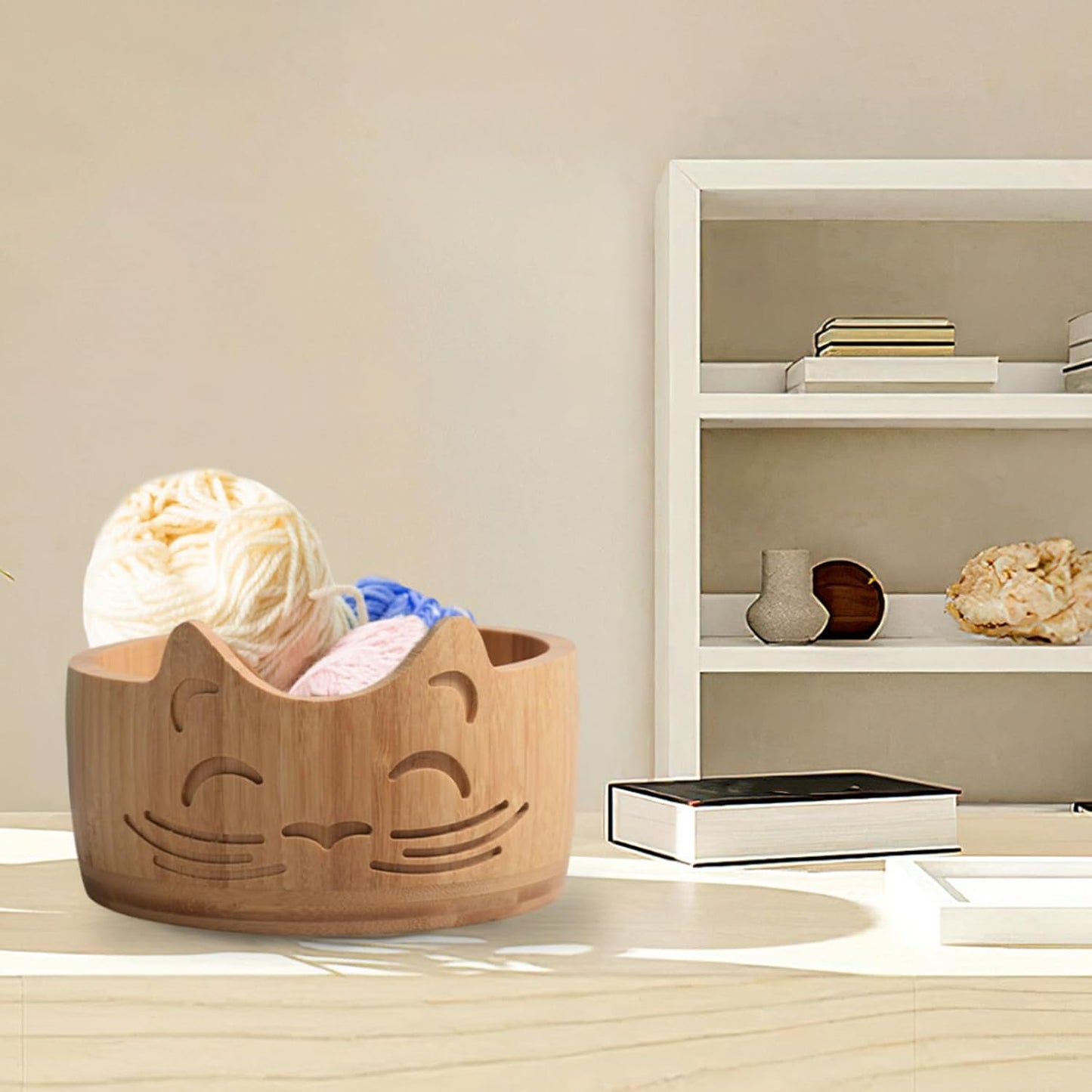 Cat-Shaped Bamboo Yarn Bowl – Cute Knitting & Crochet Yarn Holder with Slotted Yarn Guide, Handmade Craft Organizer