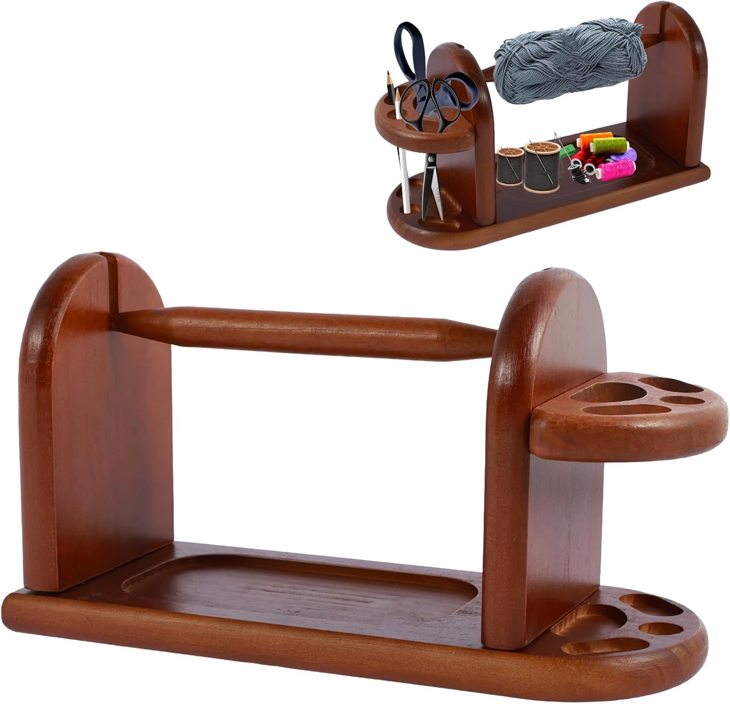 Solid Wood Yarn Holder & Organizer Stand|Knitting & Crochet Tool Storage with Needle Holes|Yarn Guide Bar + Thread Tray|For Craft & DIY Lovers