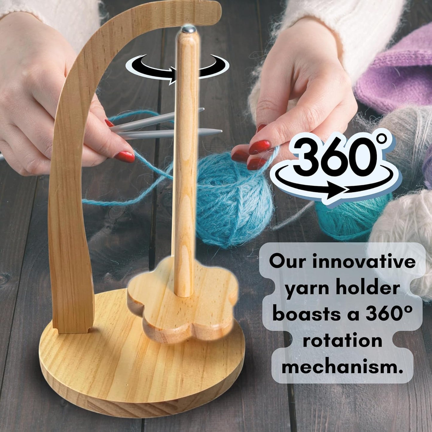 Wooden Flower Yarn Holder Stand – Rotating Crochet Yarn Organizer for Knitting and Crafting