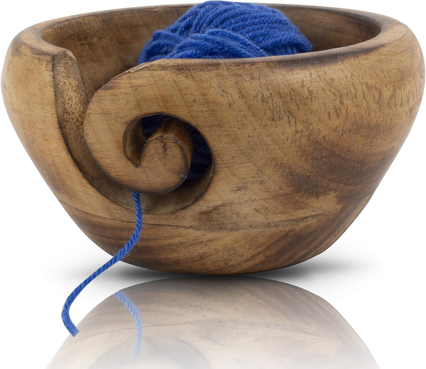 Hand-Carved Wooden Yarn Bowl – Knitting & Crochet Yarn Holder with Swirl Slot, Anti-Tangle Craft Organizer