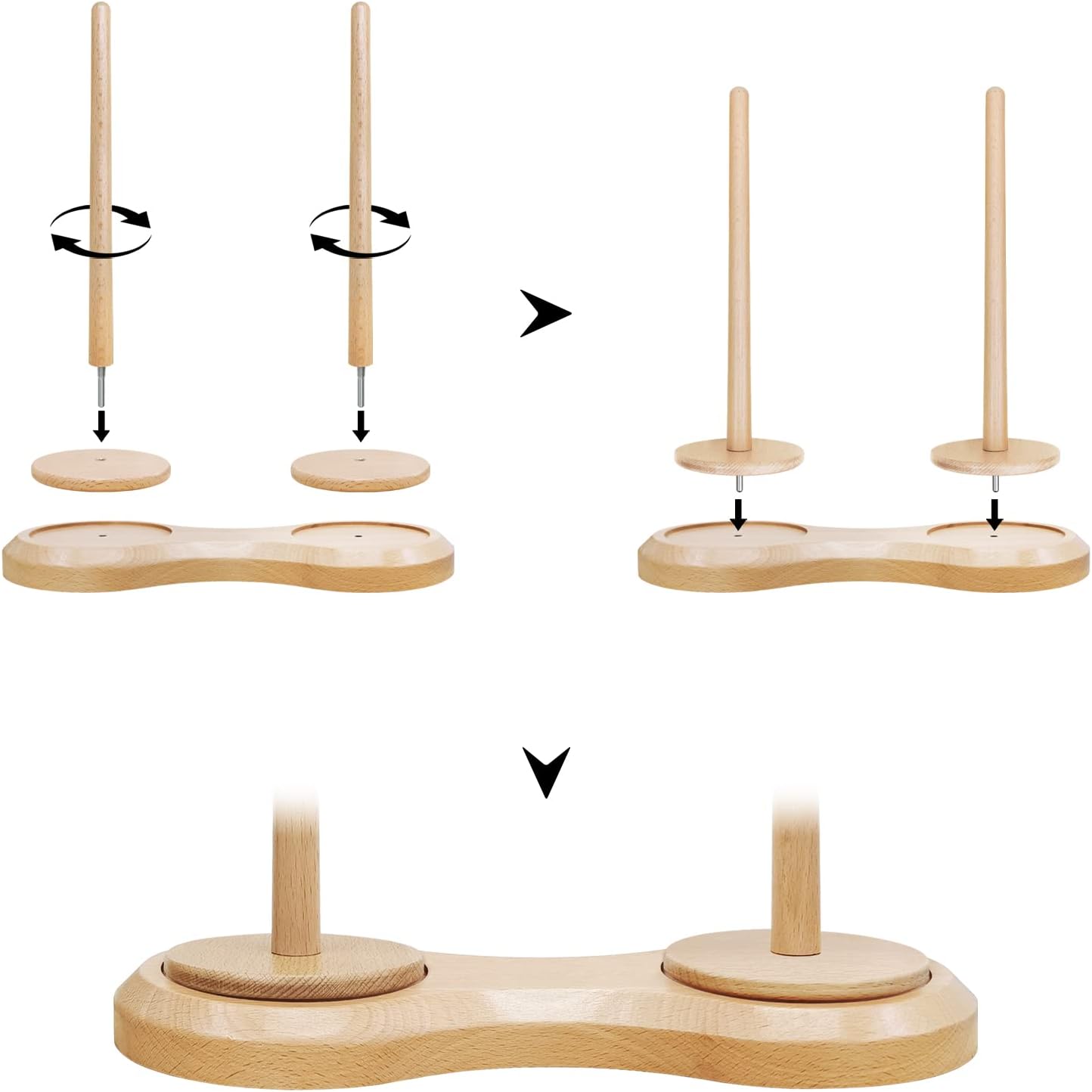 Dual-Spindle Wooden Yarn Holder｜Rotating Yarn Ball Winder Stand for Crochet & Knitting｜Natural Wood Base｜For Two Skeins or Cakes