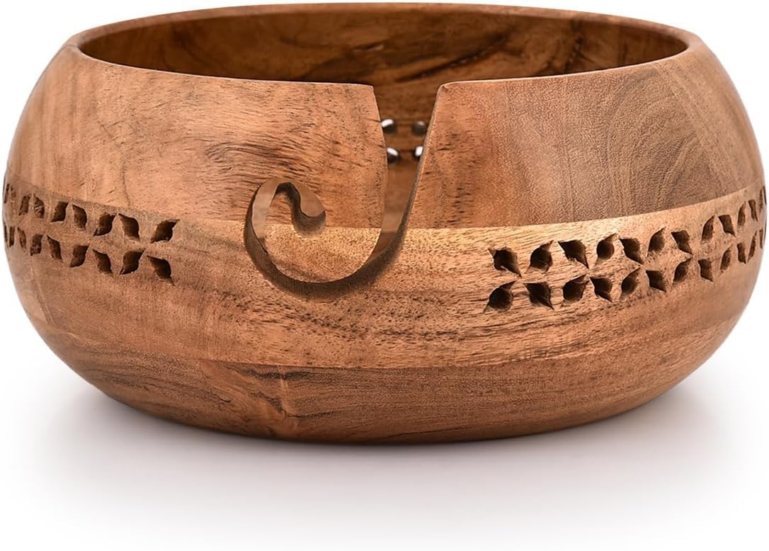 Hand-Carved Wooden Yarn Bowl｜8” Wide Knitting Bowl for Yarn Storage｜Decorative Thread Organizer with Swirl Cut-Out