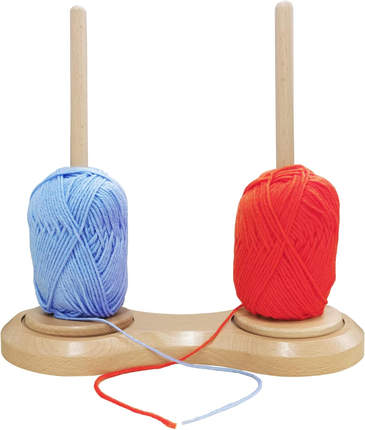 Dual-Spindle Wooden Yarn Holder｜Rotating Yarn Ball Winder Stand for Crochet & Knitting｜Natural Wood Base｜For Two Skeins or Cakes