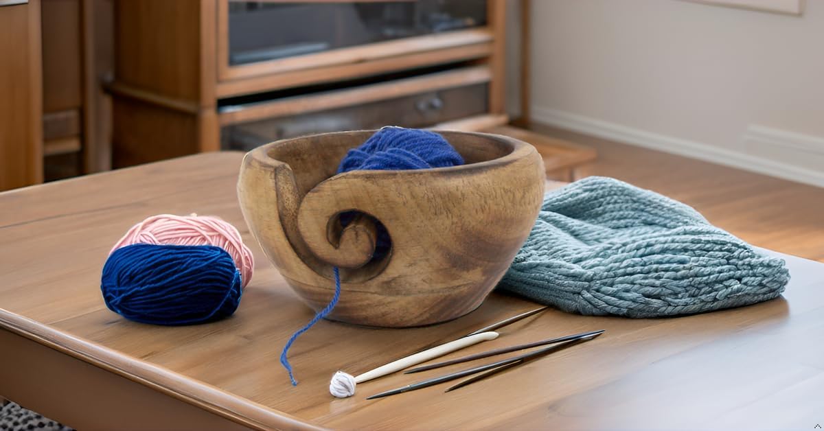 Hand-Carved Wooden Yarn Bowl – Knitting & Crochet Yarn Holder with Swirl Slot, Anti-Tangle Craft Organizer