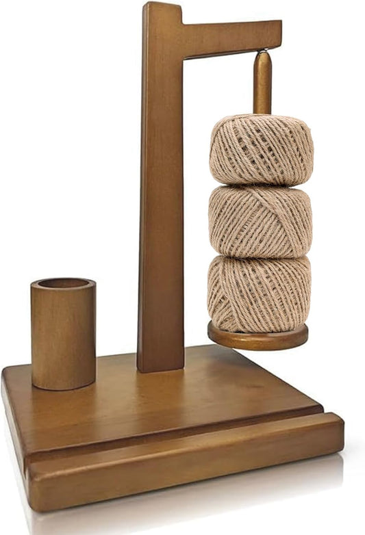 Multi-Functional Pine Wood Yarn Holder with Phone Stand & Tool Slots – Rotating Spool Organizer for Knitting & Crochet
