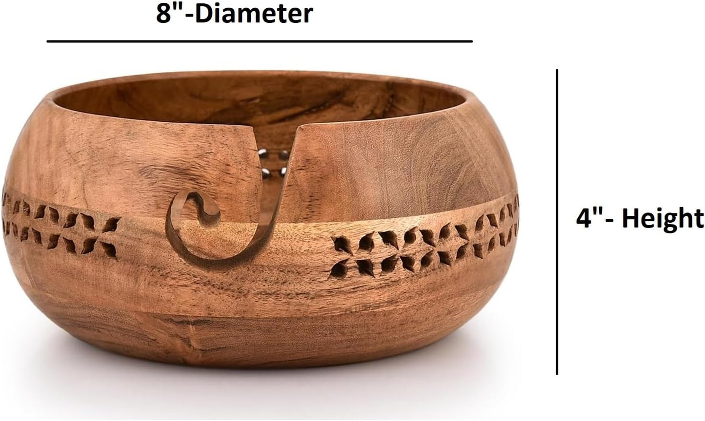 Hand-Carved Wooden Yarn Bowl｜8” Wide Knitting Bowl for Yarn Storage｜Decorative Thread Organizer with Swirl Cut-Out