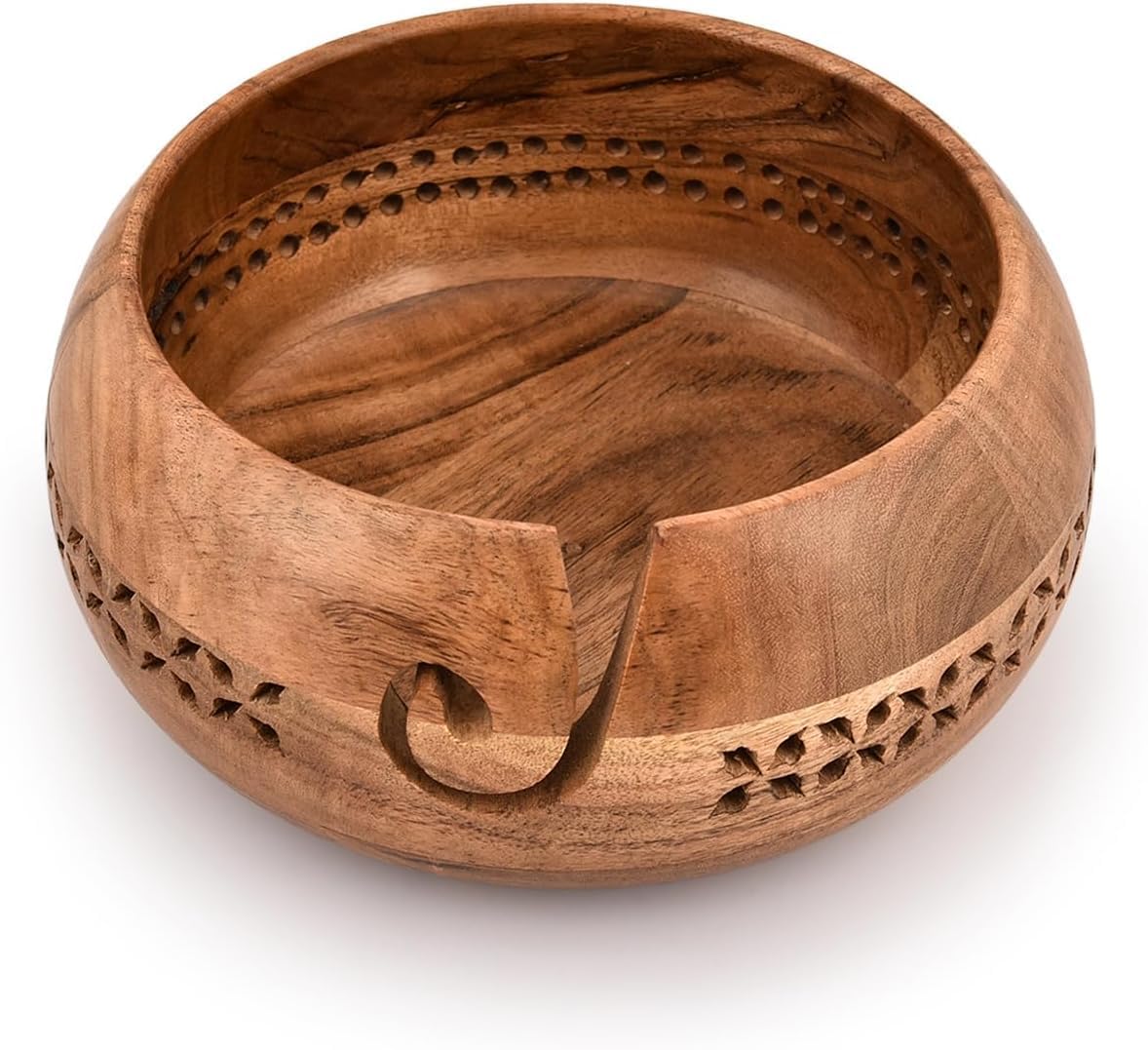 Hand-Carved Wooden Yarn Bowl｜8” Wide Knitting Bowl for Yarn Storage｜Decorative Thread Organizer with Swirl Cut-Out