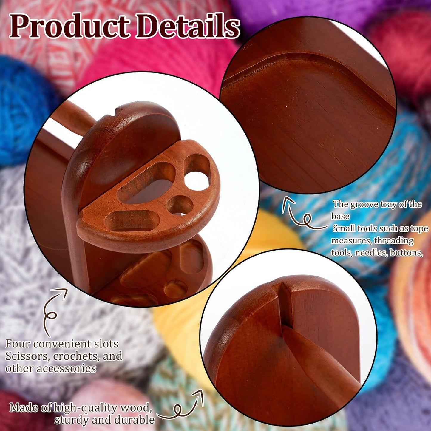 Solid Wood Yarn Holder & Organizer Stand｜Knitting & Crochet Tool Storage with Needle Holes｜Yarn Guide Bar + Thread Tray｜For Craft & DIY Lovers