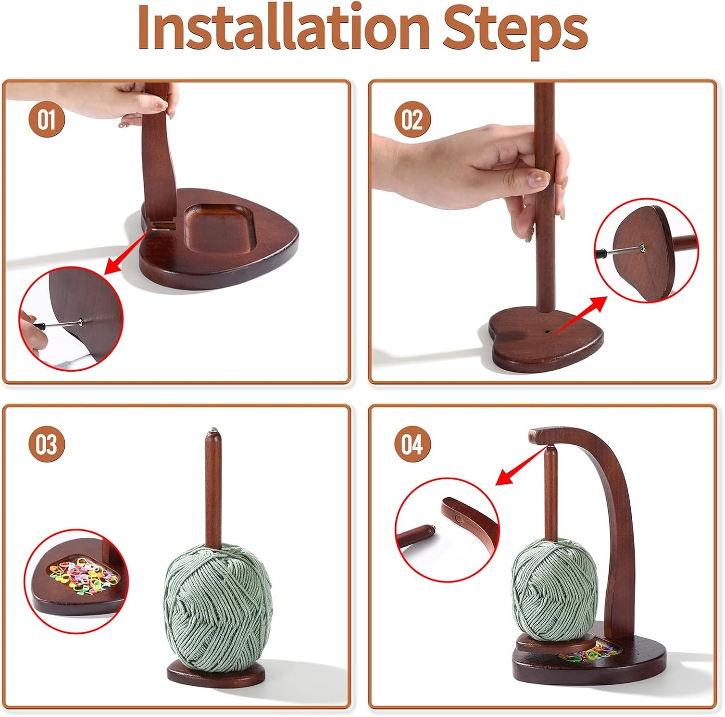 Wooden Yarn Holder with 360° Rotation – Spinning Yarn Stand for Crochet & Knitting, Solid Wood Wool Dispenser (Approx. 11” Tall)