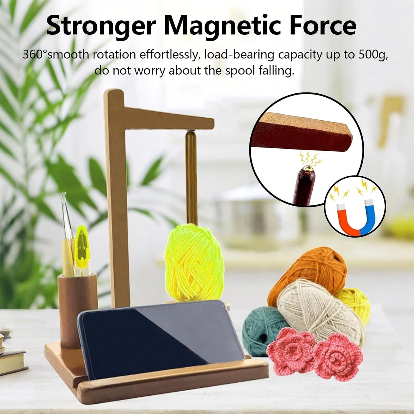 Multi-Functional Pine Wood Yarn Holder with Phone Stand & Tool Slots – Rotating Spool Organizer for Knitting & Crochet