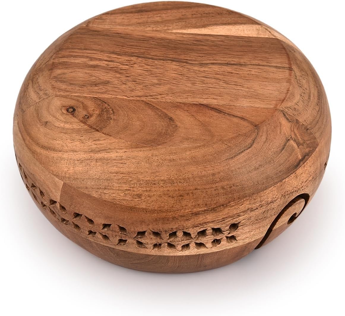 Hand-Carved Wooden Yarn Bowl｜8” Wide Knitting Bowl for Yarn Storage｜Decorative Thread Organizer with Swirl Cut-Out