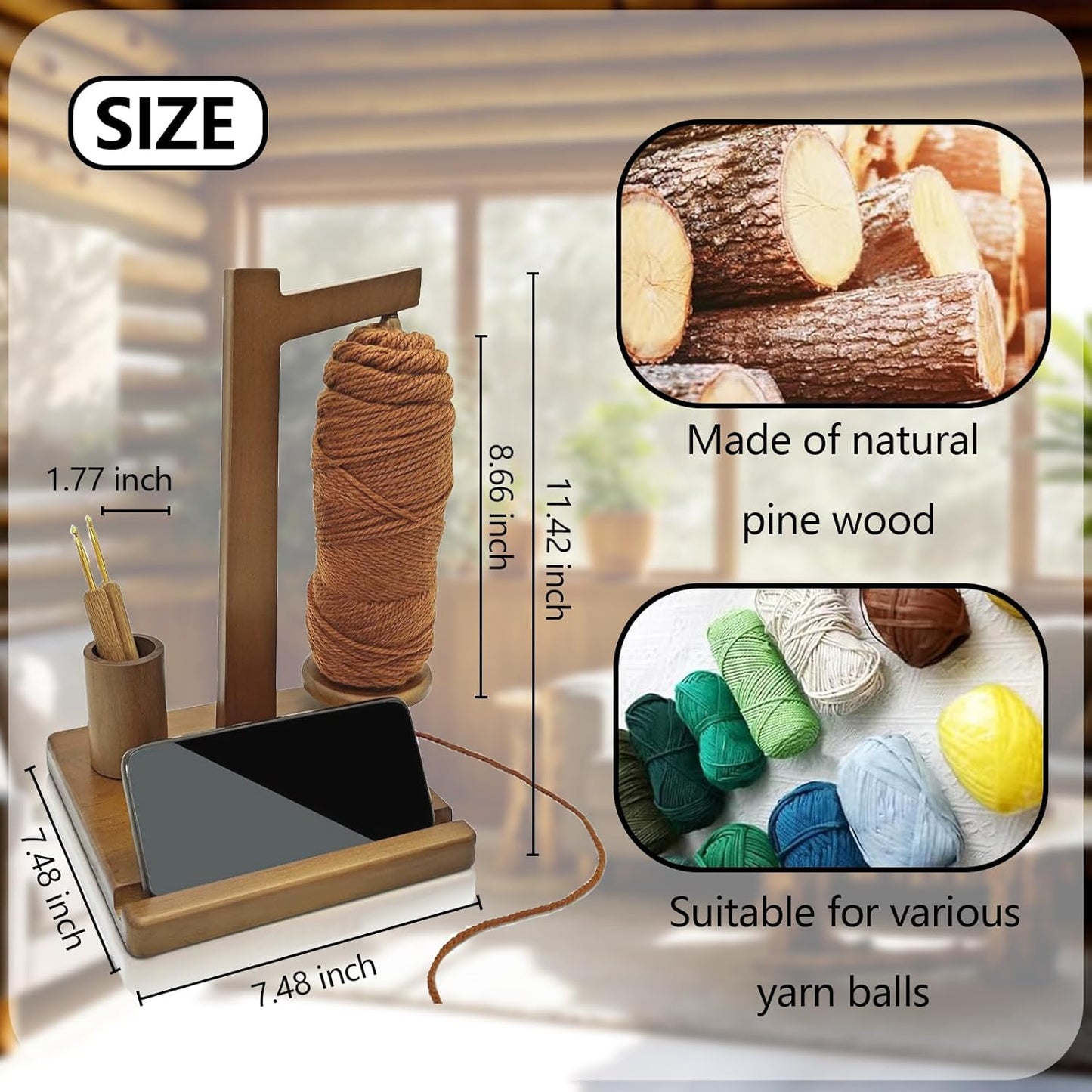 Multi-Functional Pine Wood Yarn Holder with Phone Stand & Tool Slots – Rotating Spool Organizer for Knitting & Crochet