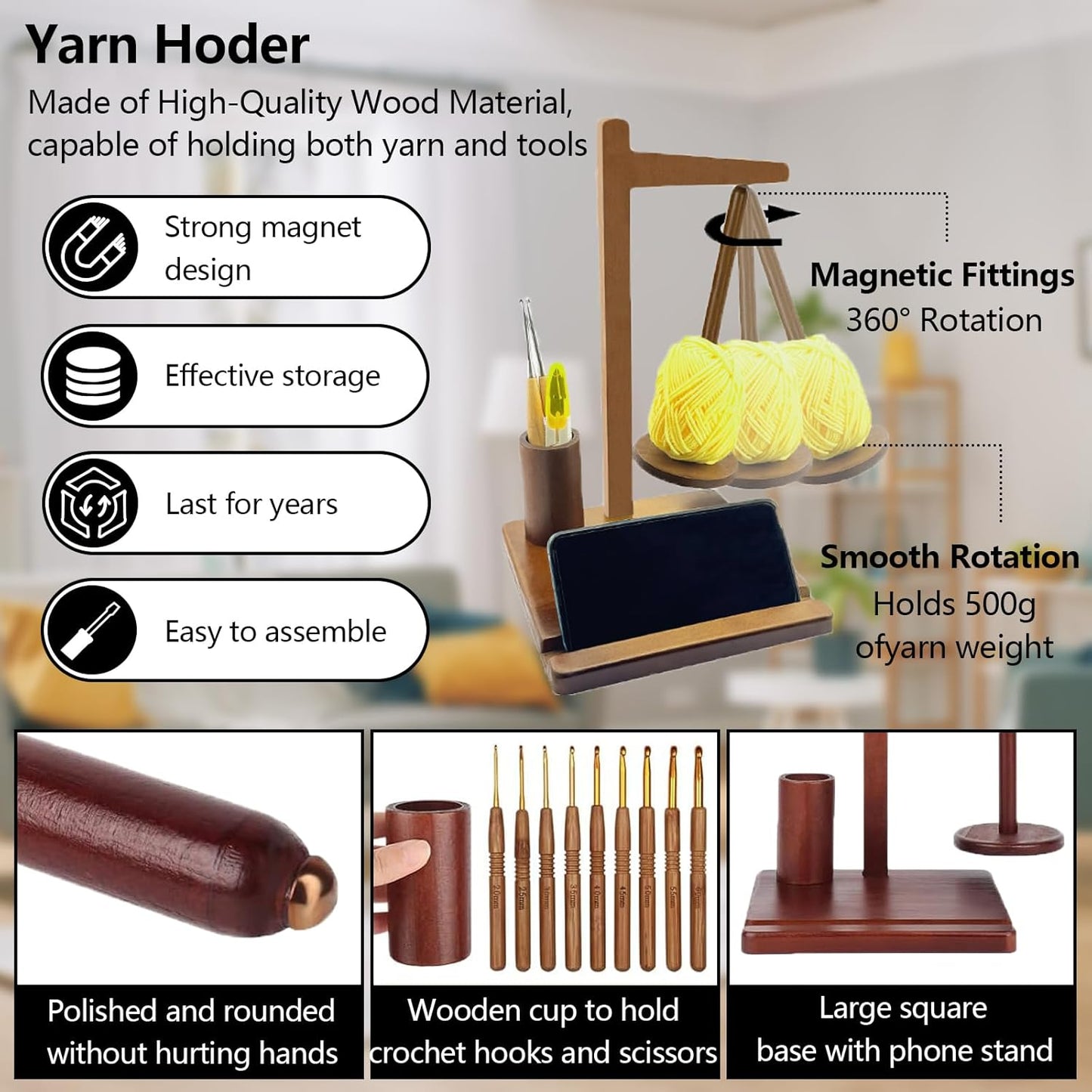 Multi-Functional Pine Wood Yarn Holder with Phone Stand & Tool Slots – Rotating Spool Organizer for Knitting & Crochet