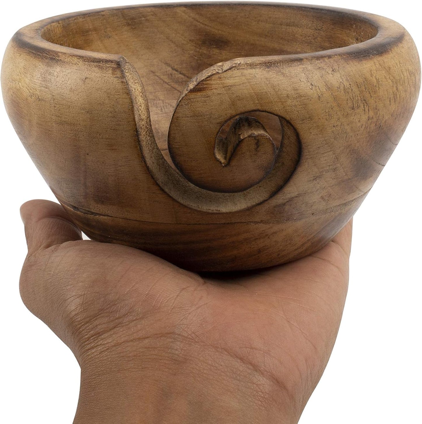 Hand-Carved Wooden Yarn Bowl – Knitting & Crochet Yarn Holder with Swirl Slot, Anti-Tangle Craft Organizer