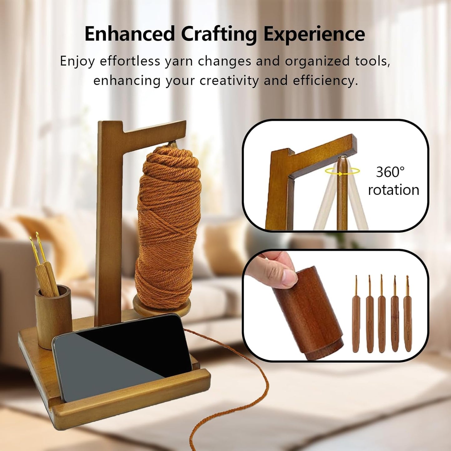 Multi-Functional Pine Wood Yarn Holder with Phone Stand & Tool Slots – Rotating Spool Organizer for Knitting & Crochet