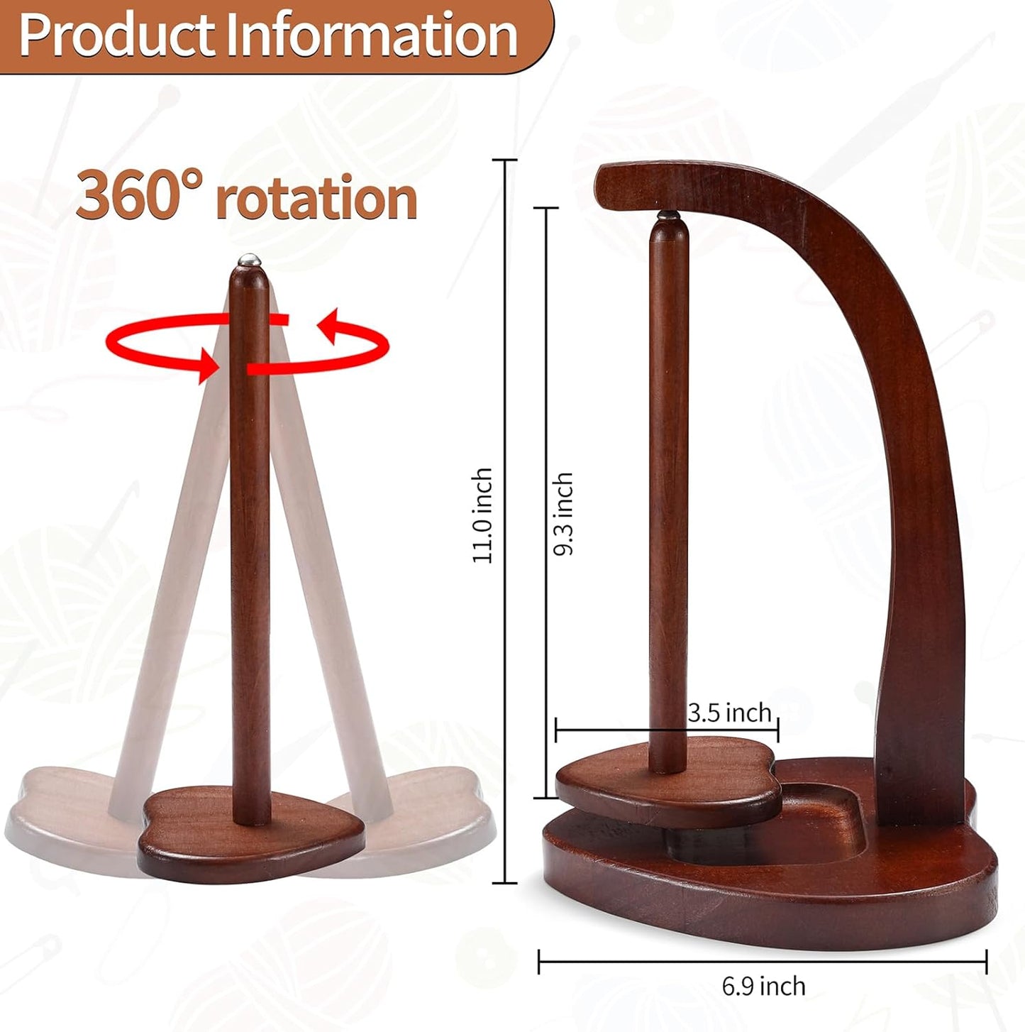 Wooden Yarn Holder with 360° Rotation – Spinning Yarn Stand for Crochet & Knitting, Solid Wood Wool Dispenser (Approx. 11” Tall)