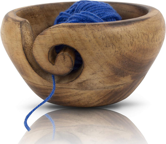 Hand-Carved Wooden Yarn Bowl – Knitting & Crochet Yarn Holder with Swirl Slot, Anti-Tangle Craft Organizer